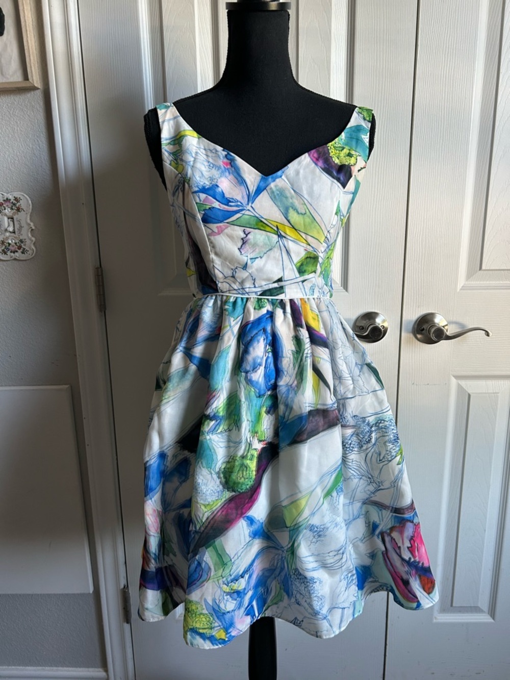 Everly abstract floral watercolor layered sleeveless a-line tea dress